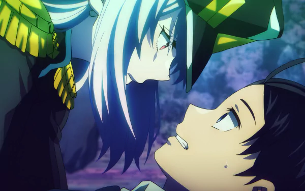 Anime HD wallpaper featuring a chained soldier and a character with striking eyes in a dramatic encounter.