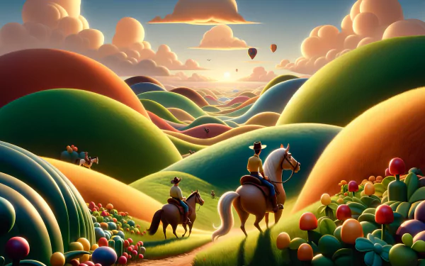 HD desktop wallpaper featuring a whimsical animated landscape with people horseback riding over vibrant hills, surrounded by colorful balloons, under a picturesque sky with hot air balloons.