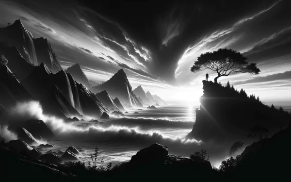 HD desktop wallpaper featuring an inspirational black and white landscape with mountains, clouds, and a lone tree on a cliff.