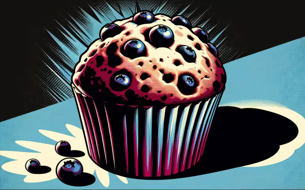 A vibrant HD desktop wallpaper featuring a blueberry muffin with a golden-brown top, highlighted against a dynamic background, showcasing scattered blueberries beside it.