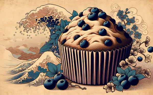 Artistic HD wallpaper featuring a stylized blueberry muffin surrounded by blueberries and floral designs with a vintage wave background.