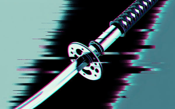 HD wallpaper featuring a stylized samurai sword with a digital glitch effect, ideal for a desktop background with a warrior theme.