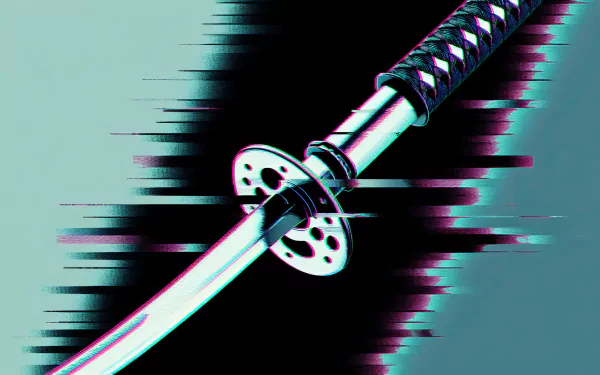 HD desktop wallpaper featuring a stylized samurai sword with a purple hilt on a glitch effect background.