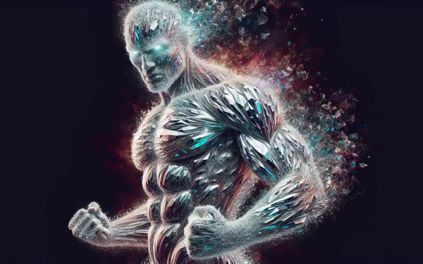 HD desktop wallpaper featuring an artistic cosmic muscular figure with a vibrant nebula-like effect.