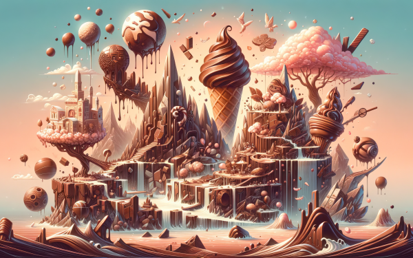 HD desktop wallpaper featuring a whimsical chocolate ice cream themed fantasy landscape with melting ice cream and confectionery details.