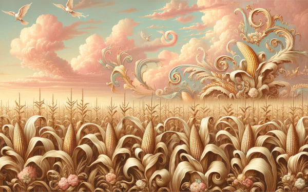 HD wallpaper featuring an artistic representation of a corn field with decorative elements, under a pastel sky with clouds.