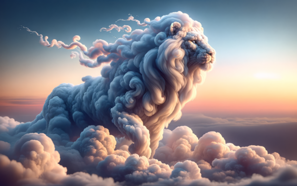 HD wallpaper of a majestic cloud-formed lion against a sunset sky, perfect for desktop background.