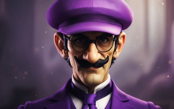 HD desktop wallpaper featuring Waluigi, a character with a purple hat and mustache, on a stylized background.