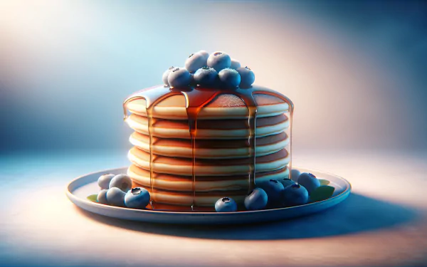 A stack of golden blueberry pancakes drizzled with syrup, garnished with fresh blueberries, showcased beautifully in an HD desktop wallpaper.