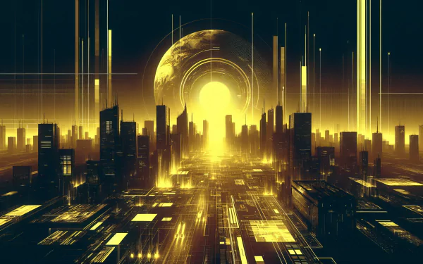 HD science fiction desktop wallpaper featuring a futuristic cityscape with a glowing sun-like sphere at the horizon.