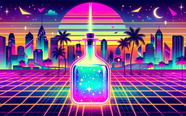 HD desktop wallpaper featuring a vibrant neon potion bottle with a retro-futuristic cityscape background in a nostalgic 80s style.
