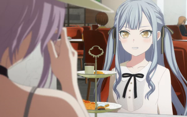 Anime characters in a cafe scene from BanG Dream It's MyGO!!!!! HD desktop wallpaper.