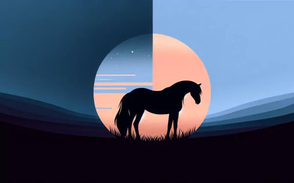 Silhouette of a mare against a vivid sunrise background, in HD wallpaper for desktop.