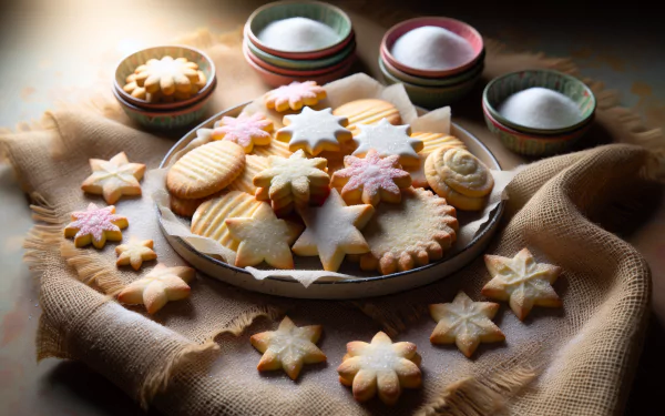A beautifully arranged platter of assorted sugar cookies, featuring star and circle shapes, surrounded by bowls of sugar, set against a warm, textured background. HD desktop wallpaper.