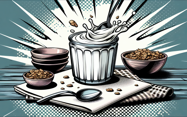 HD wallpaper of splashing yogurt with granola in bowls on a kitchen napkin, ideal for desktop background.