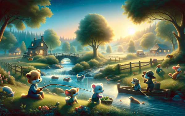 HD Animal Crossing wallpaper featuring idyllic village scene with anthropomorphic characters fishing and boating.