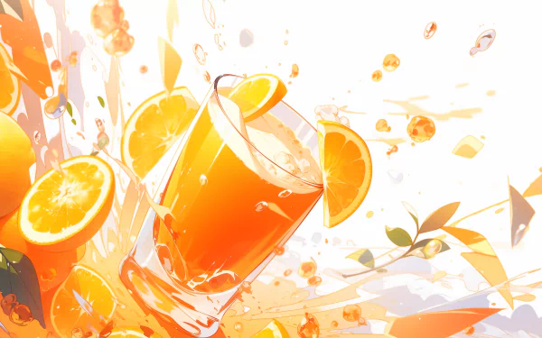 A vibrant HD wallpaper featuring a glass of refreshing orange juice surrounded by splashes and slices of oranges, creating a lively and energizing scene.