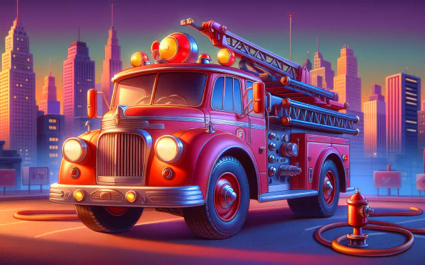 HD desktop wallpaper featuring a vibrant illustration of a vintage fire truck with a city skyline backdrop.
