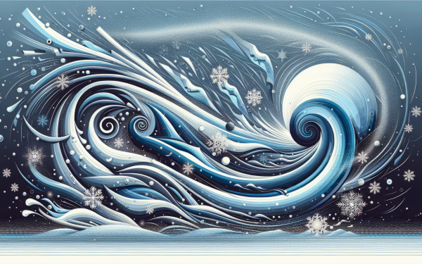 Stylized HD blizzard wallpaper with swirling snow and wind designs, perfect for a wintery desktop background.