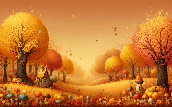 HD desktop wallpaper featuring a whimsical fall landscape with colorful autumn trees, falling leaves, and pumpkins, perfect as a seasonal background.
