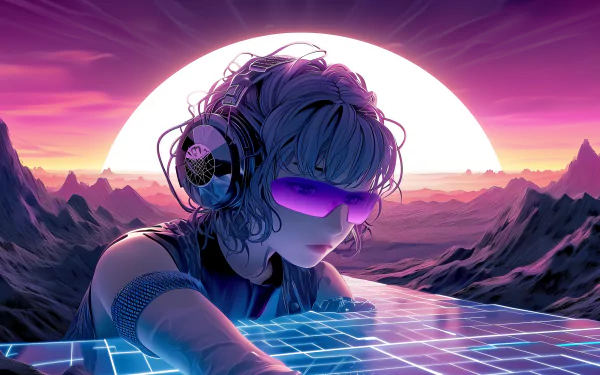 HD wallpaper featuring Silver Wolf from Honkai: Star Rail video game, set against a vibrant, futuristic purple sunset and digital landscape.