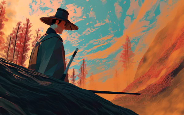 HD desktop wallpaper featuring an artistic depiction of a blue-eyed samurai in a serene forest setting with an orange and blue sky.