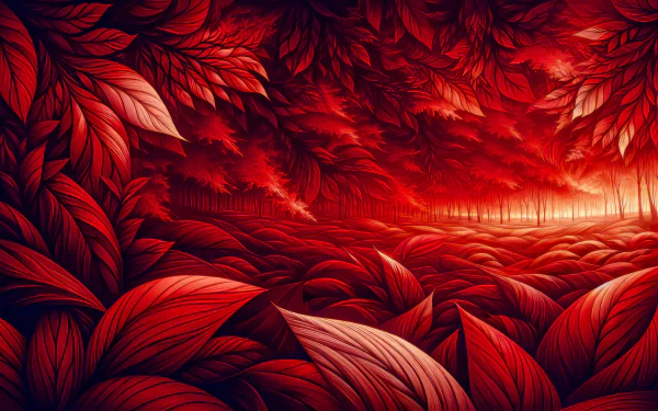 Red and orange foliage-themed HD desktop wallpaper with an artistic representation of a dense leafy forest.