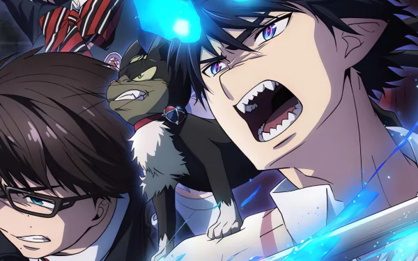 HD desktop wallpaper featuring Rin and Yukio Okumura from Blue Exorcist anime with intense expressions.