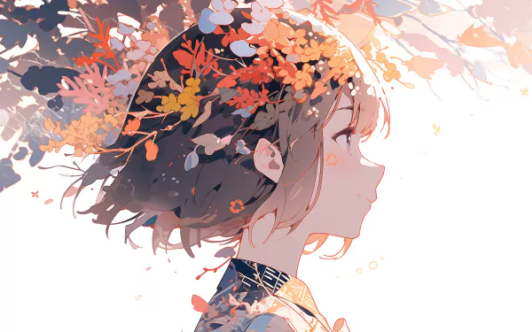 Anime girl profile with a floral background, HD desktop wallpaper.