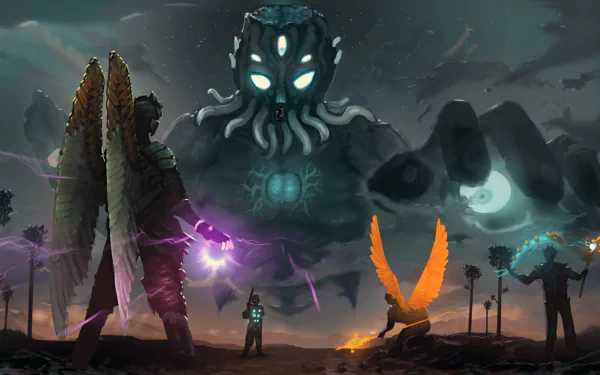 HD PC desktop wallpaper featuring a dramatic Terraria scene with a giant glowing-eyed creature and a character wielding magic in a dark, ominous landscape.