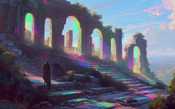 HD fantasy wallpaper featuring colorful light streaming through the arches of an ancient ruin with a cloaked figure standing at the entrance.