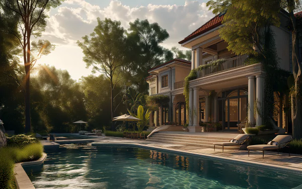 A stunning luxury home with expansive outdoor spaces and a serene pool, surrounded by lush greenery, creating a dream-like atmosphere. An HD desktop wallpaper that inspires tranquility.