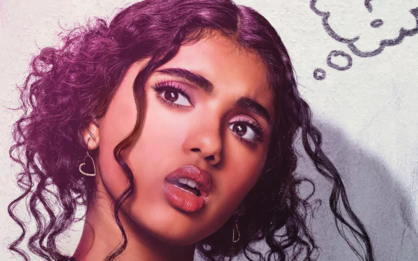 HD desktop wallpaper featuring a character from the movie Mean Girls (2024), showcasing a young woman's expressive face with curly hair and a thoughtful expression.