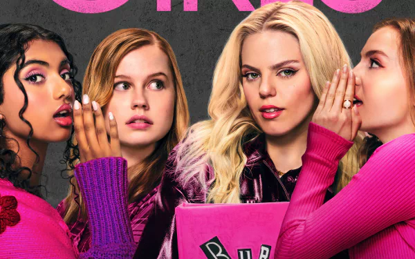 HD wallpaper featuring four characters from the 2024 movie Mean Girls, showcasing a moment of gossip and intrigue.
