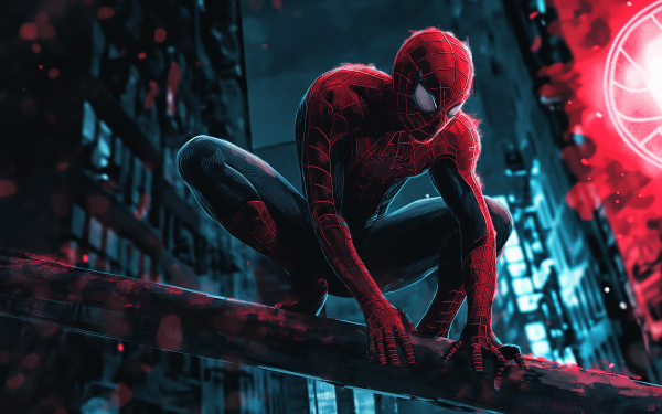 HD Spider-Man comic wallpaper featuring the iconic superhero crouched on a beam with a neon-lit cityscape background, perfect for desktops.