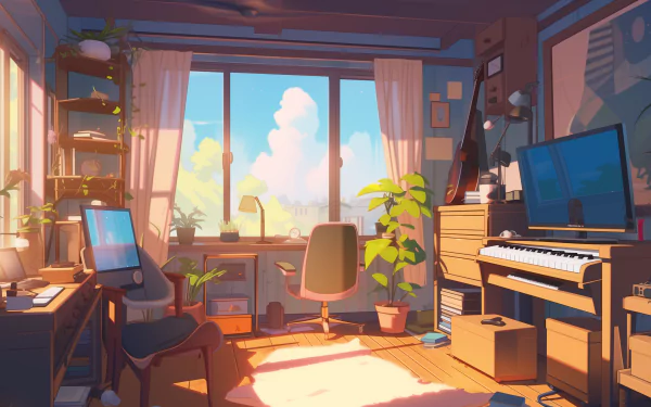 Sunny home music studio with a keyboard, computer setup, and plants by a window, in HD wallpaper resolution.