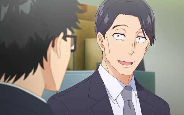 Anime character from 'Sasaki and Peeps' with a wry smile in HD desktop wallpaper.