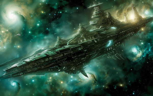 HD desktop wallpaper featuring a majestic sci-fi spaceship soaring through a star-filled nebula.