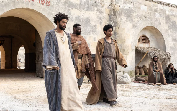 HD desktop wallpaper featuring characters from 'The Book of Clarence' movie in a historical setting.