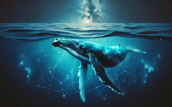 A serene HD desktop wallpaper featuring a humpback whale swimming beneath the water's surface, illuminated by a mystical blue light and surrounded by cosmic patterns.