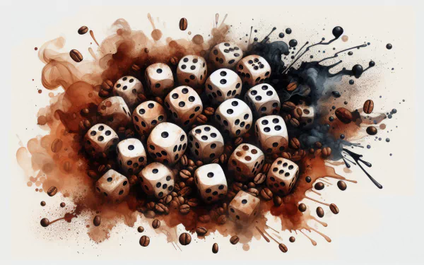 A vibrant HD desktop wallpaper featuring a cluster of dice scattered among coffee beans, enhanced by dynamic splashes of brown and black paint.