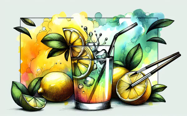 Colorful illustrated lemonade HD wallpaper with fresh lemons and a glass of lemonade on a vibrant watercolor background.