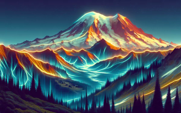 HD wallpaper of an artistic rendition of Mount Rainier with vibrant, glowing light trails and a serene forest in the foreground.