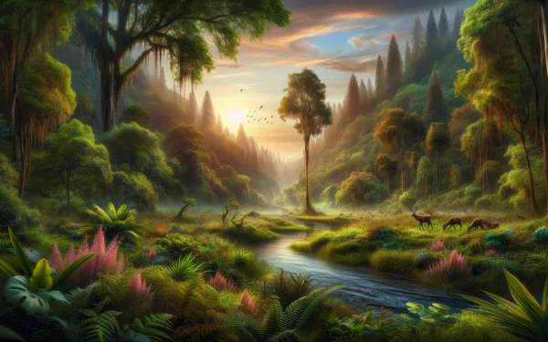 HD Wallpaper of Enchanting Forest Scenery with River at Sunrise, Desktop Background