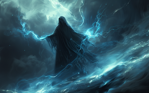 Fantasy wizard casting lightning spell HD wallpaper.
