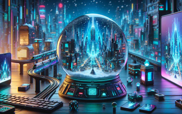 Futuristic cityscape inside a snow globe on a desk with neon lights for HD desktop wallpaper and background.