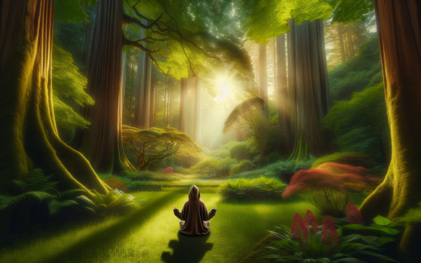 Person in hoodie meditating in a vibrant forest with sunlight streaming through trees, HD desktop wallpaper.
