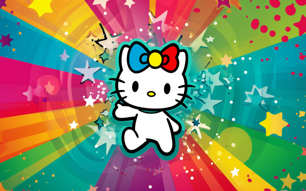 Hello Kitty anime character on a colorful HD desktop wallpaper with bright rainbow background and stars.