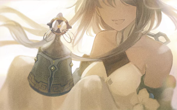 HD PC desktop wallpaper featuring Guizhong from Genshin Impact in soft, warm tones with flowing hair and a mystical artifact floating nearby.