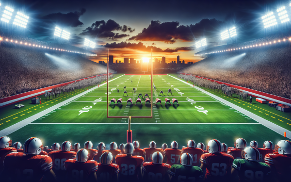 HD NFL desktop wallpaper featuring an intense football game at sunset with stadium lights illuminating the players on the field and a backdrop of a city skyline.
